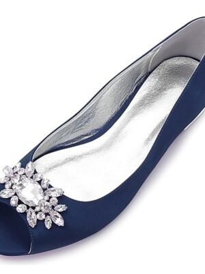 Elegant Navy Blue Satin Peep-Toe Flats with Rhinestones - Image 1