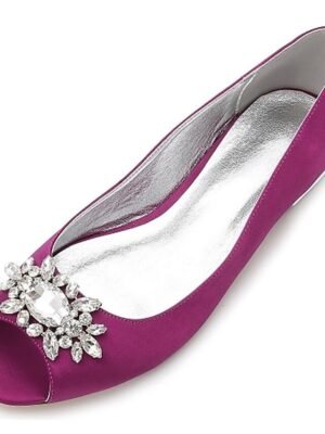 Elegant Navy Blue Satin Peep-Toe Flats with Rhinestones - Image 11