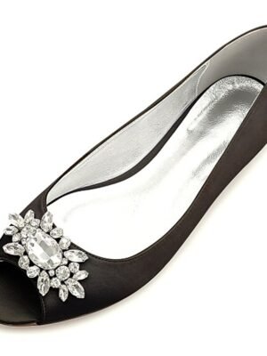 Elegant Navy Blue Satin Peep-Toe Flats with Rhinestones - Image 3