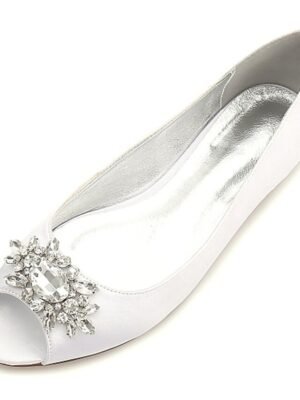 Elegant Navy Blue Satin Peep-Toe Flats with Rhinestones - Image 5