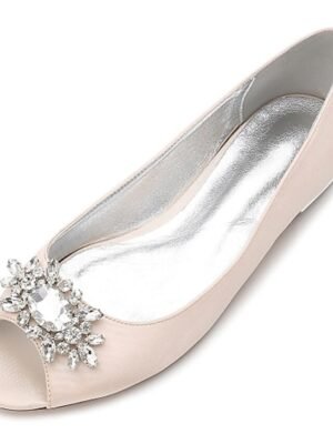 Elegant Navy Blue Satin Peep-Toe Flats with Rhinestones - Image 6