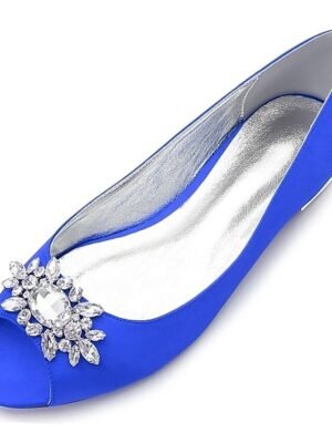 Elegant Navy Blue Satin Peep-Toe Flats with Rhinestones - Image 7