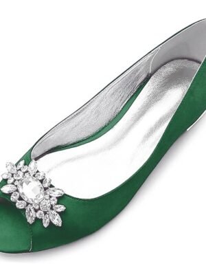 Elegant Navy Blue Satin Peep-Toe Flats with Rhinestones - Image 8