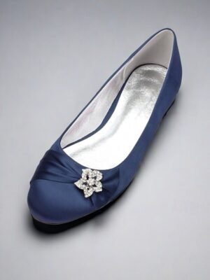 Elegant Navy Satin Round Toe Rhinestone Embellished Ballet Flats - Image 2