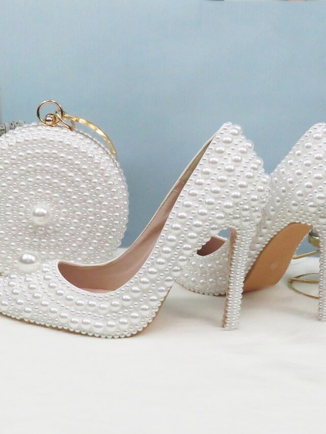 Elegant Pearl-Embellished Stiletto Heels & Purse Set - Image 1