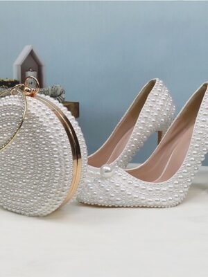 Elegant Pearl-Embellished Stiletto Heels & Purse Set - Image 2
