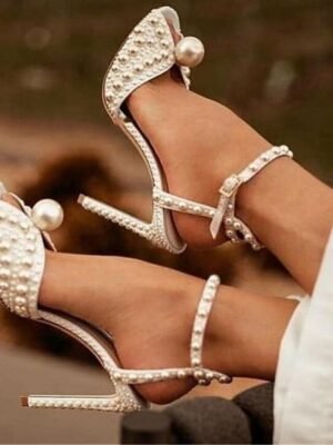 Elegant Pearl-Embellished Stiletto Open Toe Ankle Strap Heels - Image 1