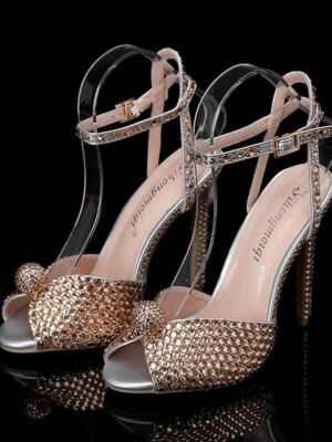 Elegant Pearl-Embellished Stiletto Open Toe Ankle Strap Heels - Image 11