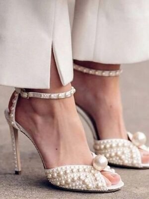 Elegant Pearl-Embellished Stiletto Open Toe Ankle Strap Heels - Image 3