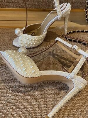 Elegant Pearl-Embellished Stiletto Open Toe Ankle Strap Heels - Image 9