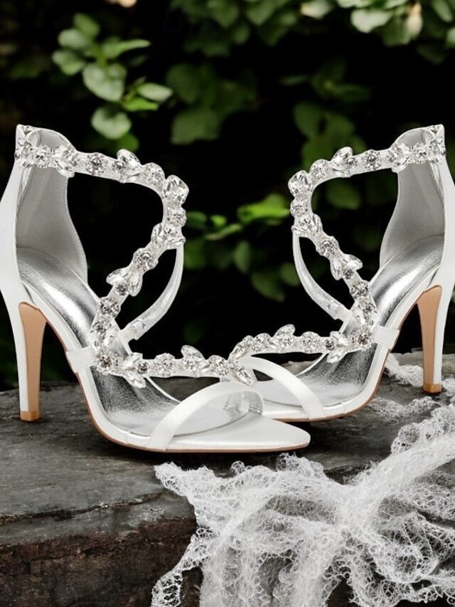 Elegant Pink Satin Rhinestone Floral High Heel Sandals - Image 2