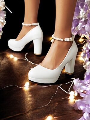 Elegant Platform Chunky Heel Pearl Ankle Strap Pumps - Image 1