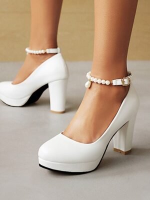 Elegant Platform Chunky Heel Pearl Ankle Strap Pumps - Image 2