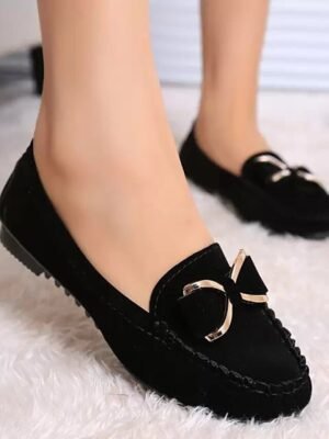 Elegant Plus Size Solid Bowknot Round Toe Flat Satin Loafers - Image 4
