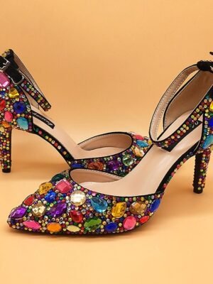 Elegant Pointed Toe Multicolour Rhinestone High Heel Shoes with Matching Clutch - Image 2