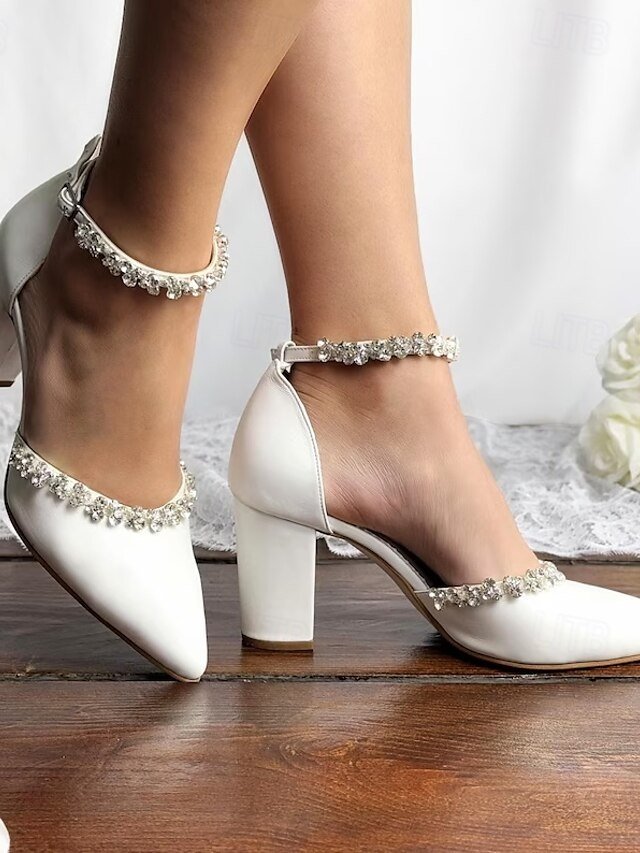 Elegant Pointed Toe Rhinestone Ankle Strap Block Heel Wedding Shoes - Image 2