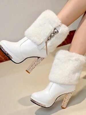 Elegant Pointed Toe Rhinestone Faux Fur Ankle Boots - Image 3