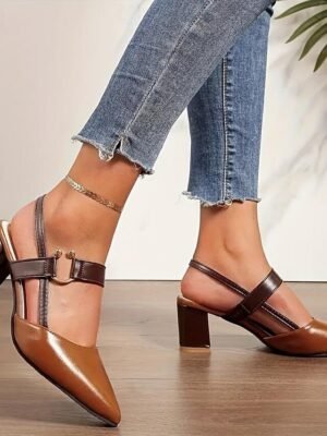 Elegant Pointed Toe Slip-On Two-Tone Block Heel Pumps - Image 4