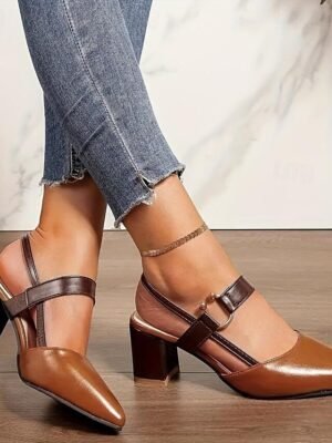 Elegant Pointed Toe Slip-On Two-Tone Block Heel Pumps - Image 6