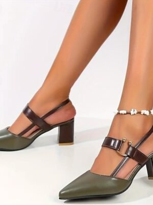 Elegant Pointed Toe Slip-On Two-Tone Block Heel Pumps - Image 8