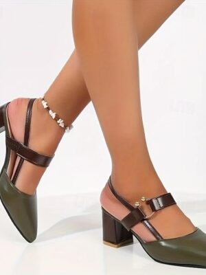 Elegant Pointed Toe Slip-On Two-Tone Block Heel Pumps - Image 9