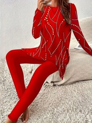 Elegant Regular Fit Floral Round Neck Long Sleeve Summer T-Shirt and Pants Set - Image 1