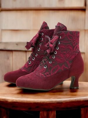 Elegant Retro Floral Lace Victorian Lace-Up Mid-Heel Ankle Boots - Image 1