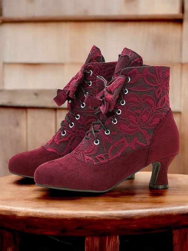 Elegant Retro Floral Lace Victorian Lace-Up Mid-Heel Ankle Boots - Image 1