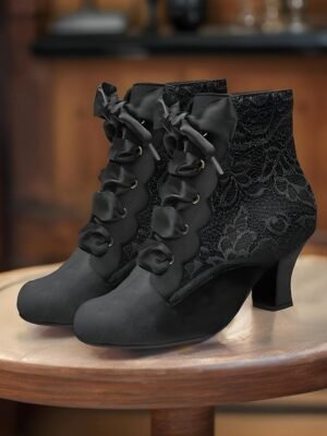 Elegant Retro Floral Lace Victorian Lace-Up Mid-Heel Ankle Boots - Image 17