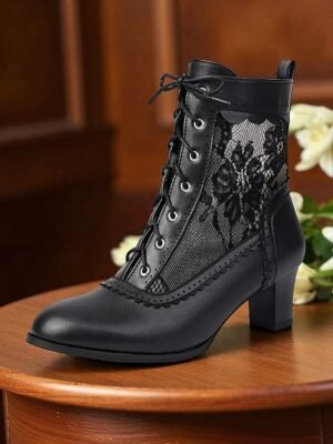 Elegant Retro Floral Lace Victorian Lace-Up Mid-Heel Ankle Boots - Image 18