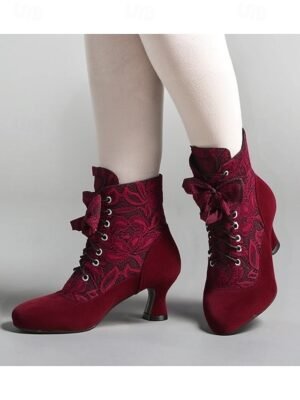 Elegant Retro Floral Lace Victorian Lace-Up Mid-Heel Ankle Boots - Image 2