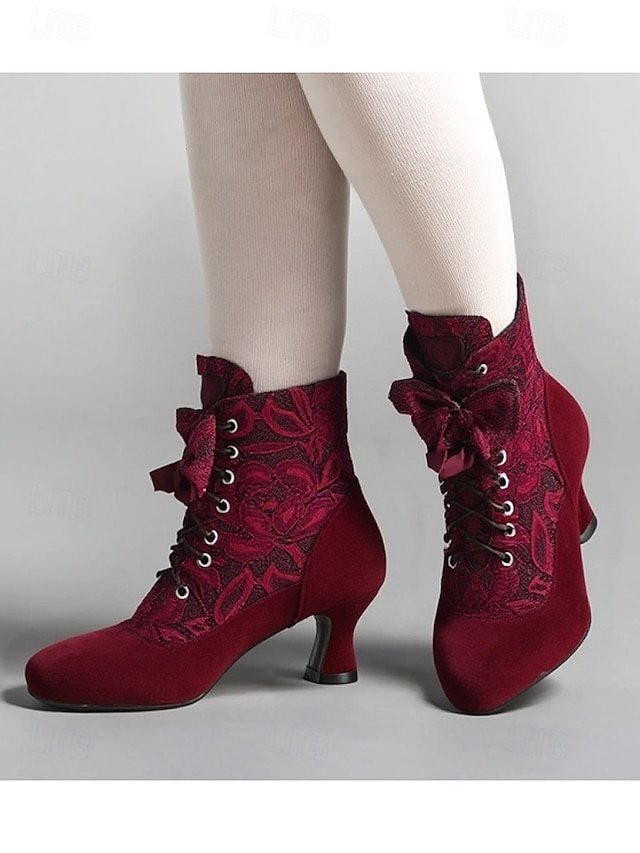 Elegant Retro Floral Lace Victorian Lace-Up Mid-Heel Ankle Boots - Image 2