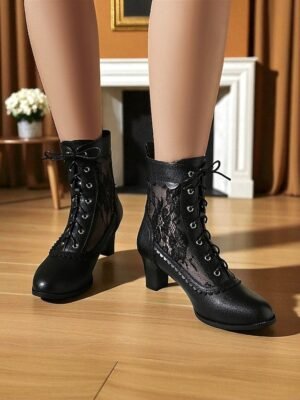 Elegant Retro Floral Lace Victorian Lace-Up Mid-Heel Ankle Boots - Image 22