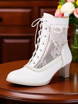 Elegant Retro Floral Lace Victorian Lace-Up Mid-Heel Ankle Boots - Image 24