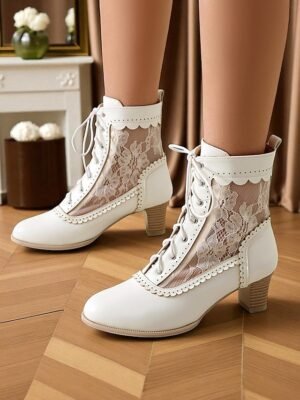 Elegant Retro Floral Lace Victorian Lace-Up Mid-Heel Ankle Boots - Image 25