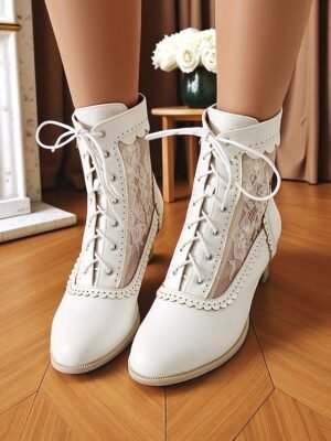 Elegant Retro Floral Lace Victorian Lace-Up Mid-Heel Ankle Boots - Image 26