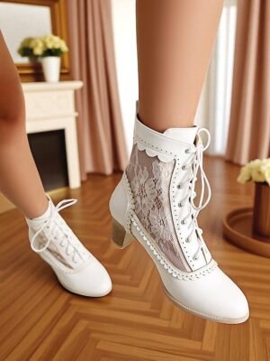 Elegant Retro Floral Lace Victorian Lace-Up Mid-Heel Ankle Boots - Image 27
