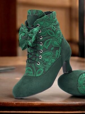 Elegant Retro Floral Lace Victorian Lace-Up Mid-Heel Ankle Boots - Image 3