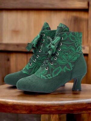 Elegant Retro Floral Lace Victorian Lace-Up Mid-Heel Ankle Boots - Image 4