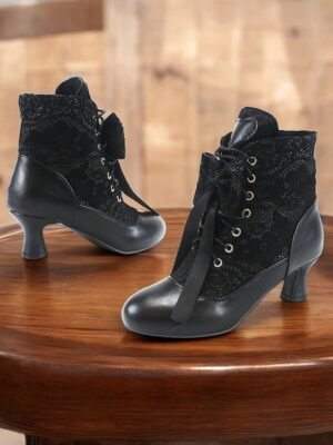 Elegant Retro Floral Lace Victorian Lace-Up Mid-Heel Ankle Boots - Image 8