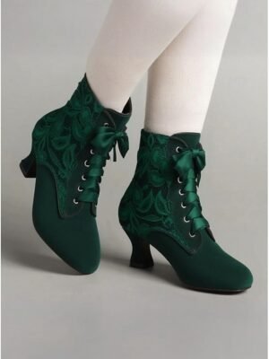 Elegant Retro Floral Lace Victorian Lace-Up Mid-Heel Ankle Boots - Image 9
