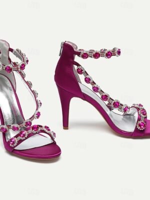 Elegant Rhinestone Strappy High Heel Satin Sandals - Image 3