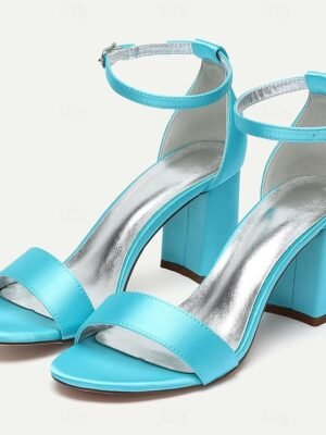 Elegant Satin Block Heel Ankle Strap Open-Toe Wedding Sandals - Image 2