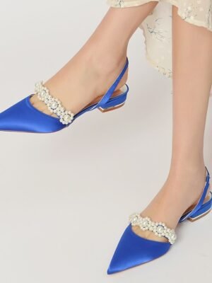 Elegant Satin Low Heel Pearl Embellished Wedding Shoes - Image 6
