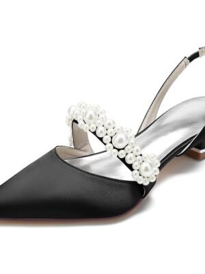 Elegant Satin Low Heel Pearl Embellished Wedding Shoes - Image 7