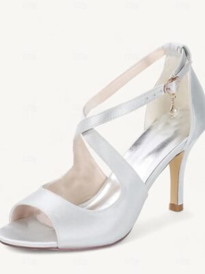 Elegant Satin Peep-Toe Pearl Ankle Strap Heels - Image 13