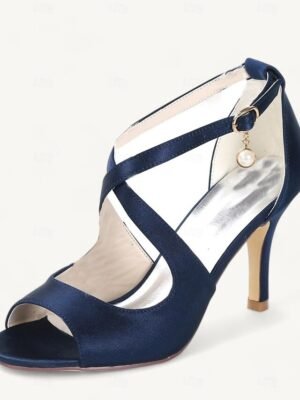 Elegant Satin Peep-Toe Pearl Ankle Strap Heels - Image 5