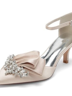 Elegant Satin Rhinestone Pointed Toe Low Heel Ankle Strap Wedding Pumps - Image 14