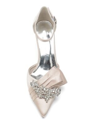 Elegant Satin Rhinestone Pointed Toe Low Heel Ankle Strap Wedding Pumps - Image 15
