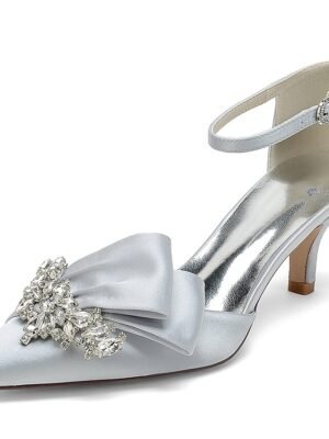 Elegant Satin Rhinestone Pointed Toe Low Heel Ankle Strap Wedding Pumps - Image 19